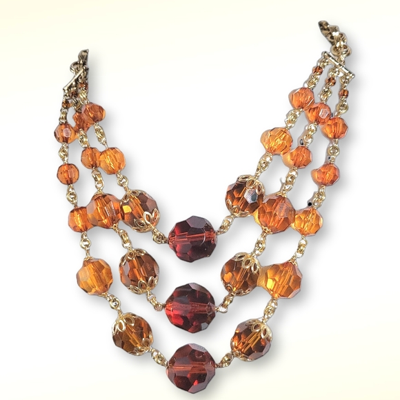 Woman's Vintage Necklace Signed Amber Glass 3 Strand Antique Gold Finish - Picture 2 of 9